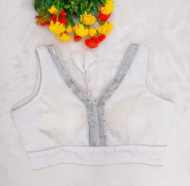 White Readymade Organza Blouse with Silver Zari Lace