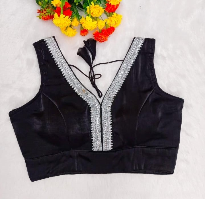Black Readymade Organza Blouse with Silver Zari Lace
