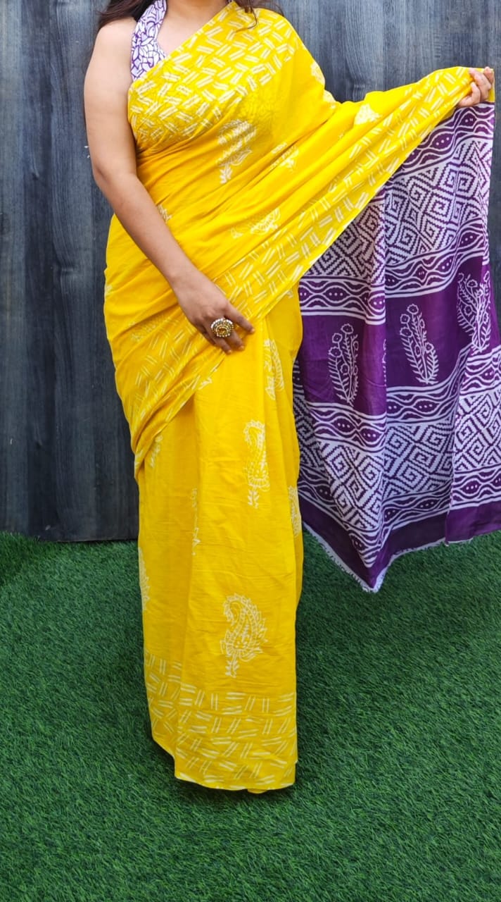Yellow & Purple Handloom Cotton Mulmul Saree