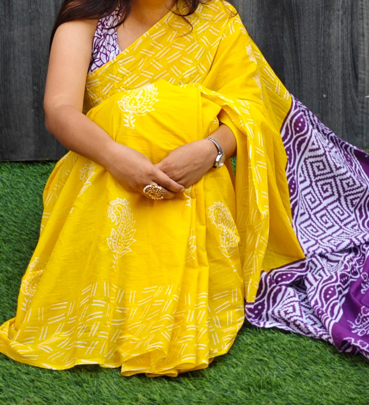 Yellow & Purple Handloom Cotton Mulmul Saree
