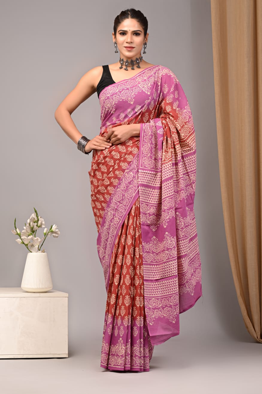  Red Handloom Cotton Mulmul Saree Online-STORI