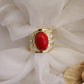 Coral Red Oval Stone Golden Stripes Finger Ring