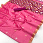 Pink saree with gold border and white floral patterns on a white background