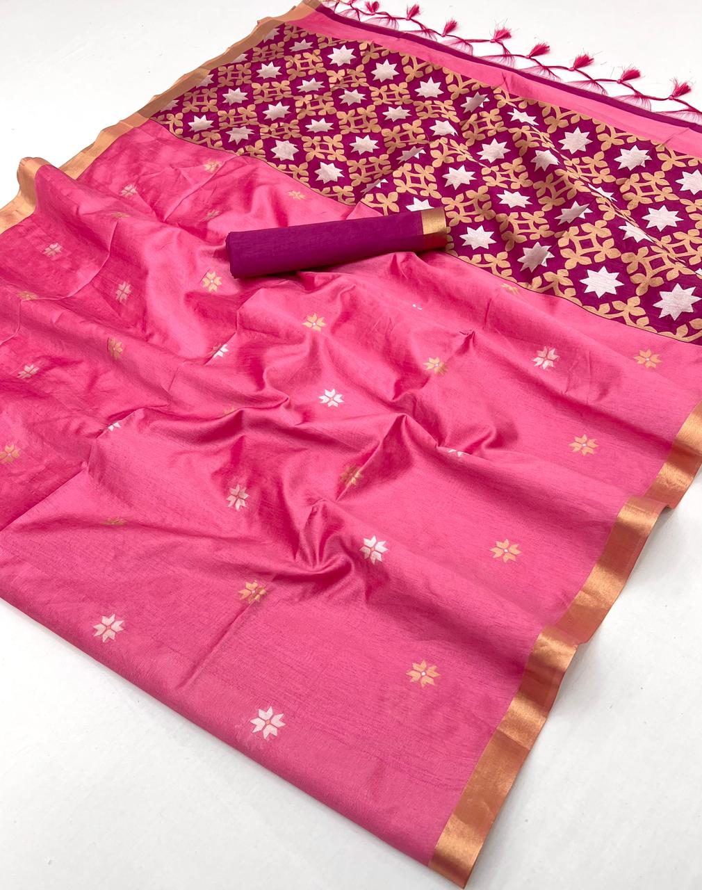 Pink saree with gold border and white floral patterns on a white background