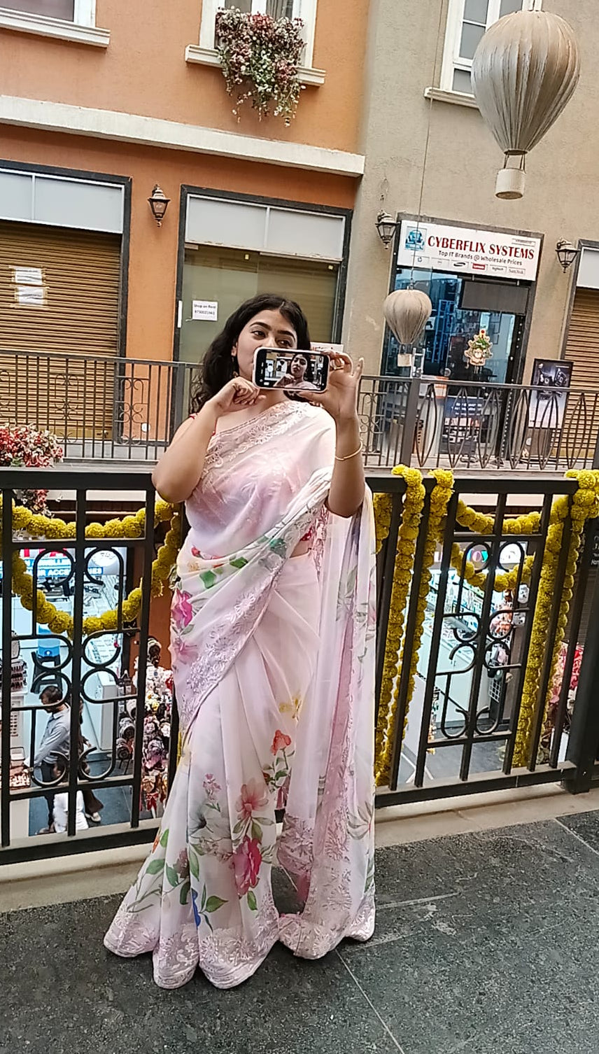 Pale Pink Floral Printed Chiffon Saree With Chikankari Borders