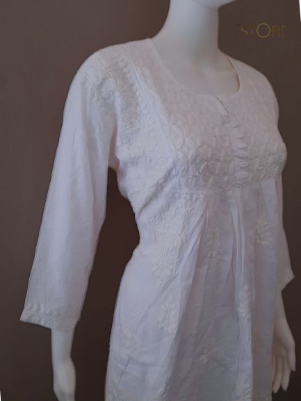 White Slub Cotton Handcrafted Chikankari Short Kurti