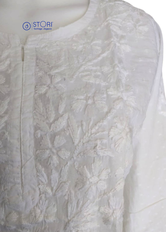 White Dobby Cotton Short Chikankari Kurti