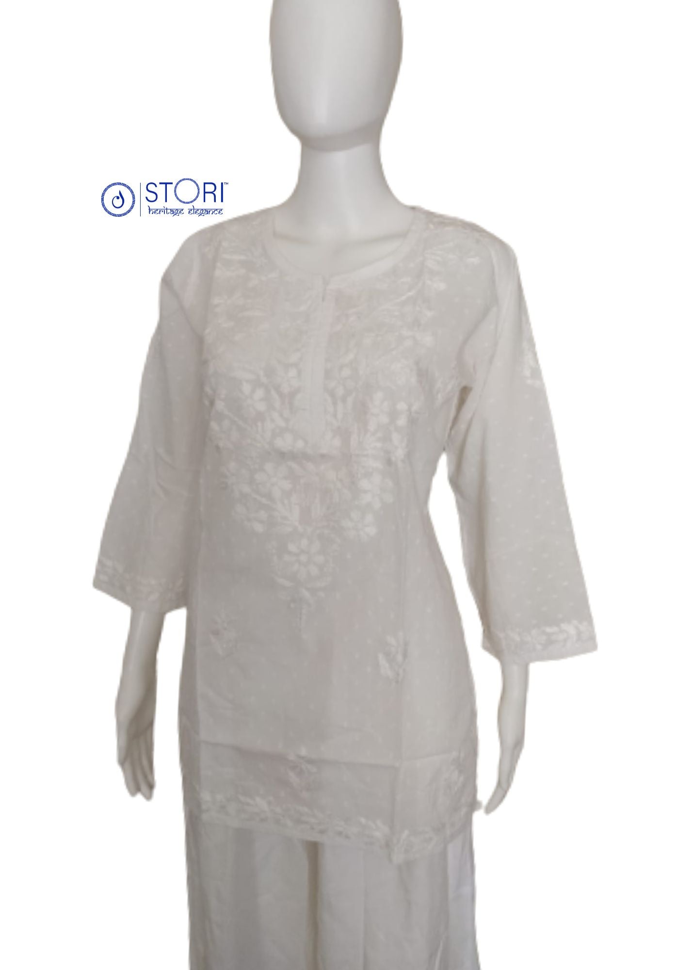 White Dobby Cotton Short Chikankari Kurti