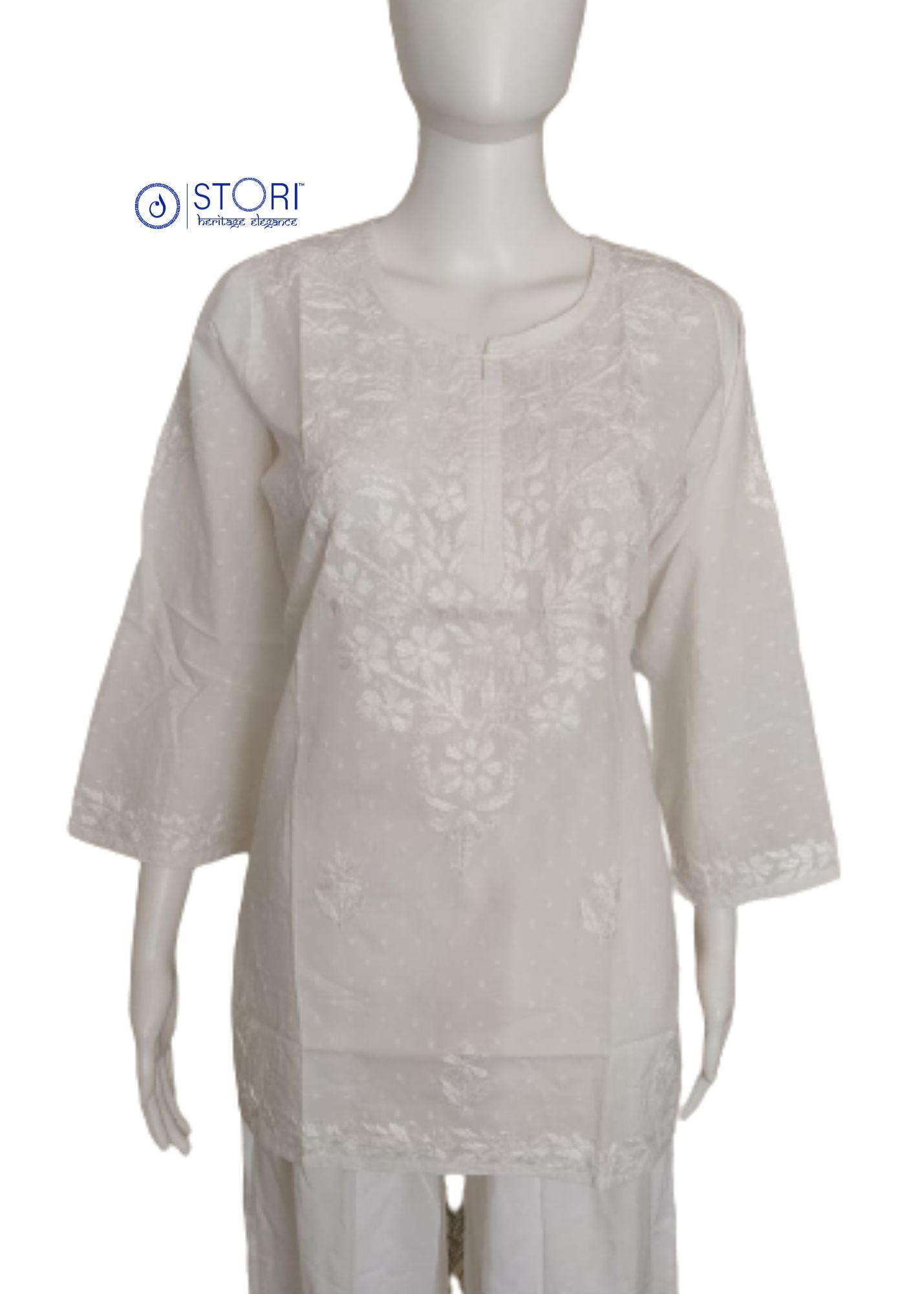 White Dobby Cotton Short Chikankari Kurti