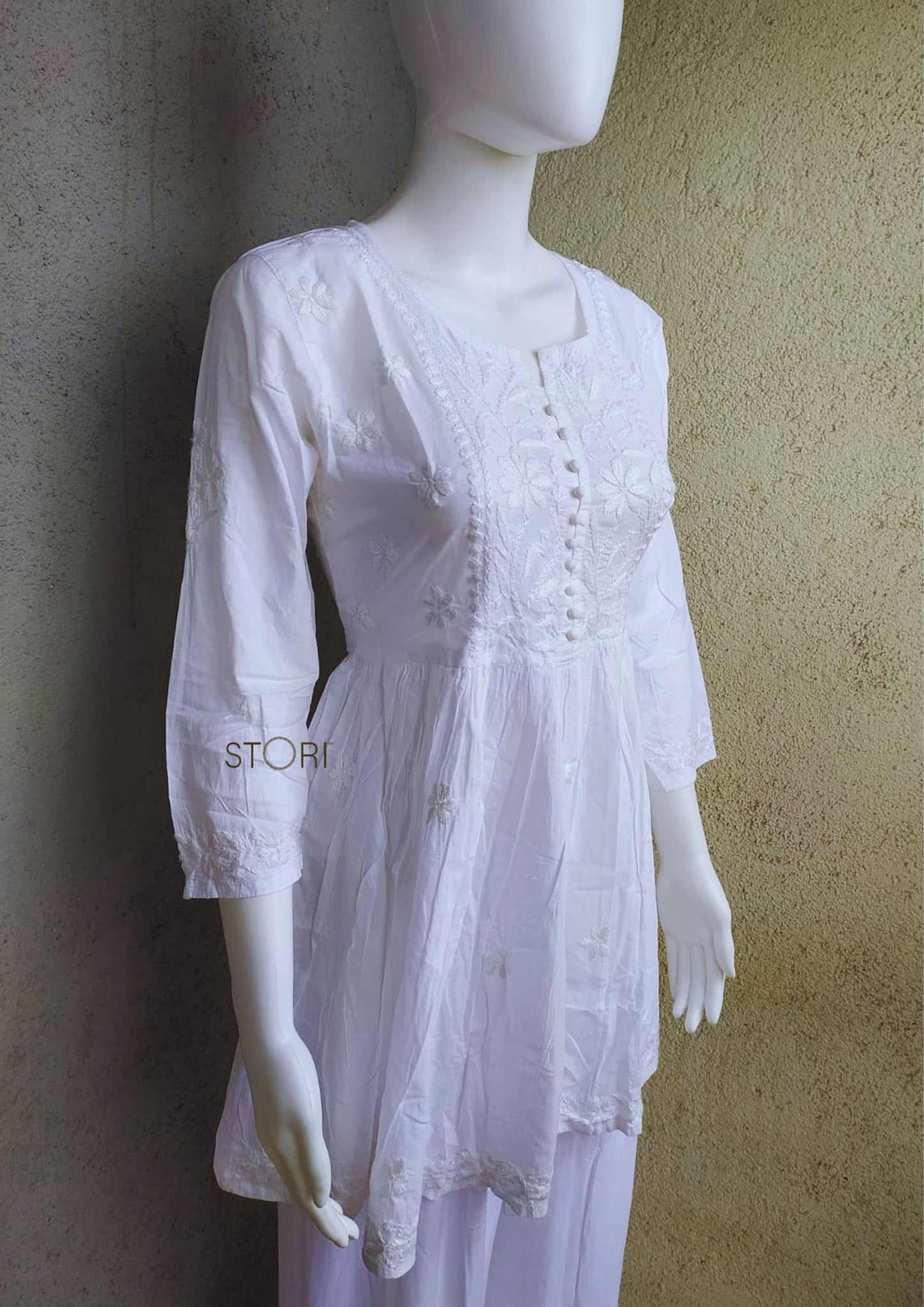 White Flared Cotton Short Chikankari Kurti