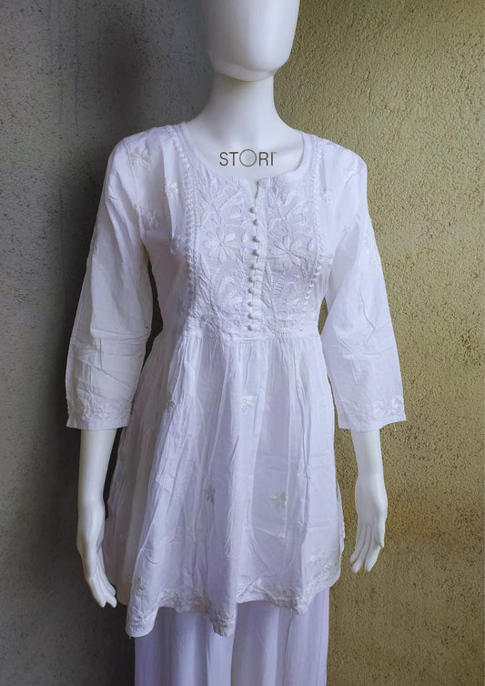 White Flared Cotton Short Chikankari Kurti