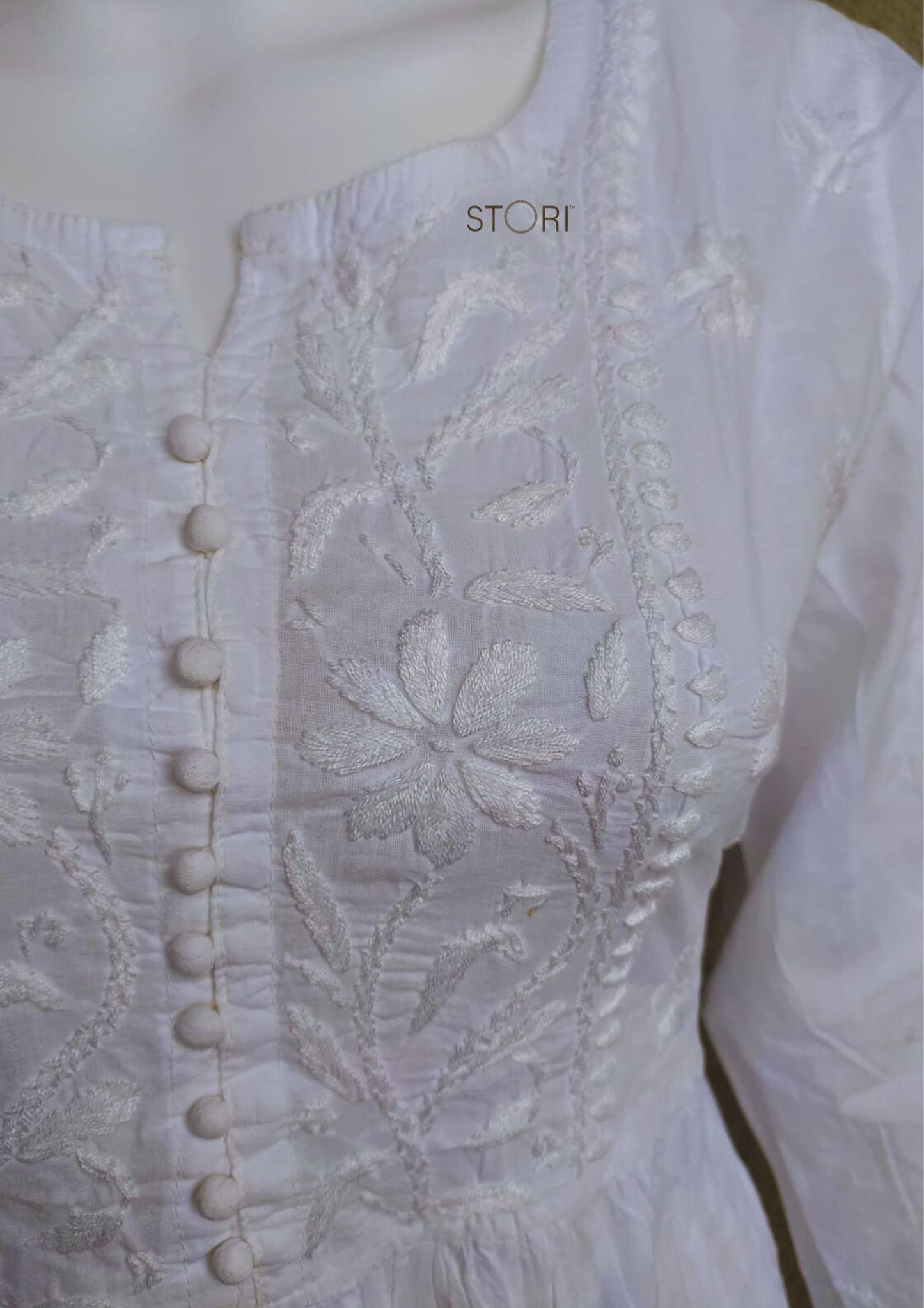 White Flared Cotton Short Chikankari Kurti
