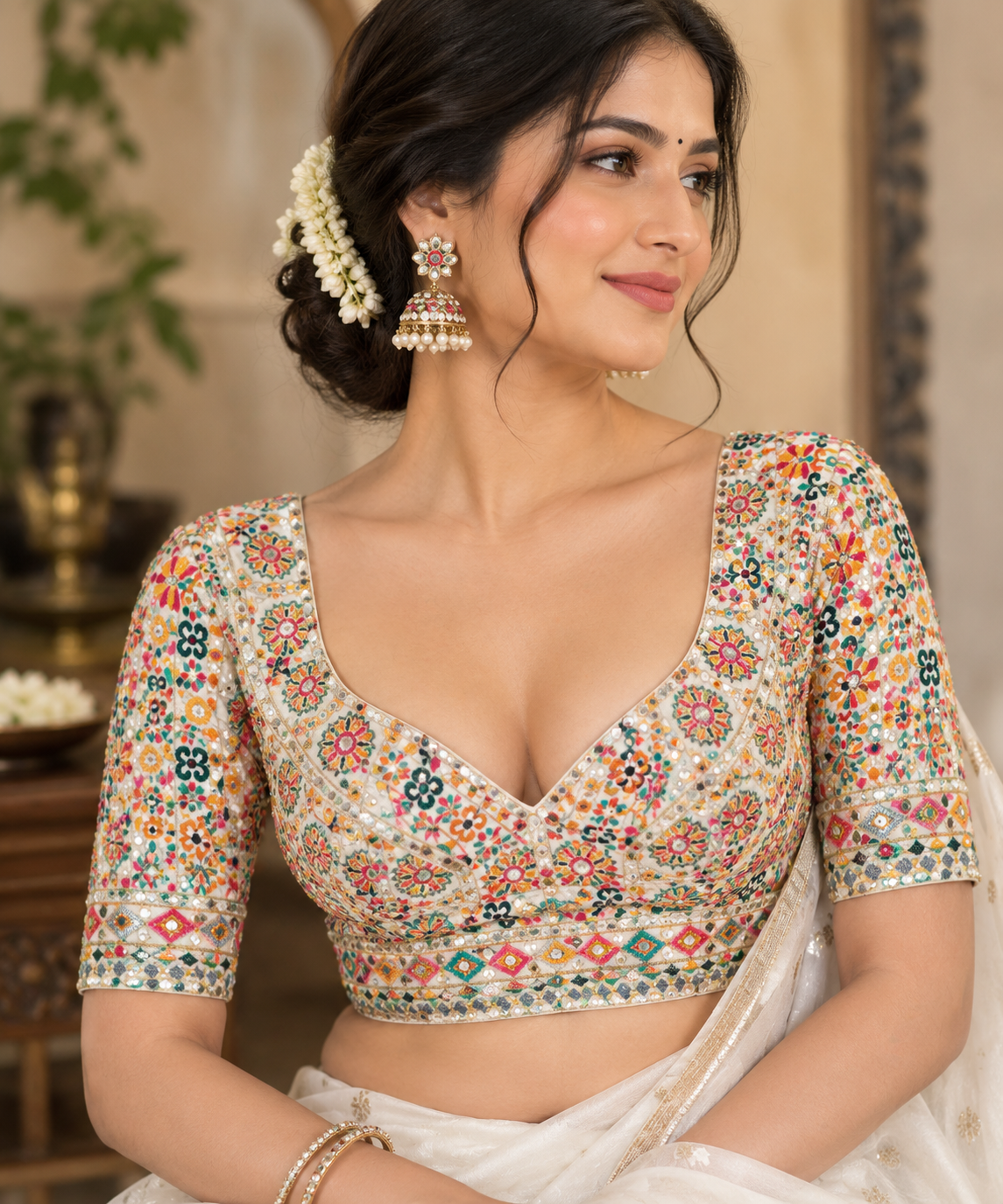 White_Pakhi_Heavy_Embroidered_Multicolor_Silk_Blouse