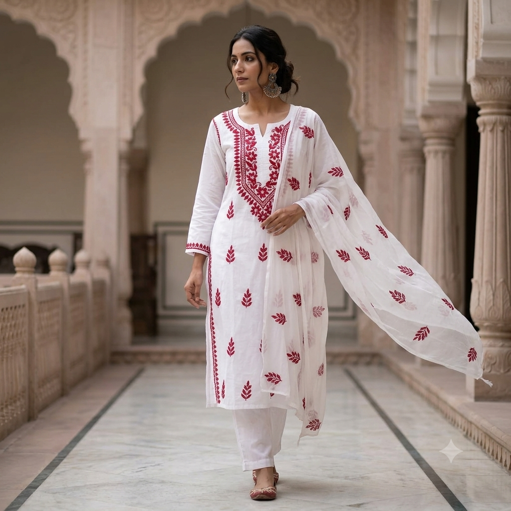 White & Pink Soft Cotton Chikankari Kurt