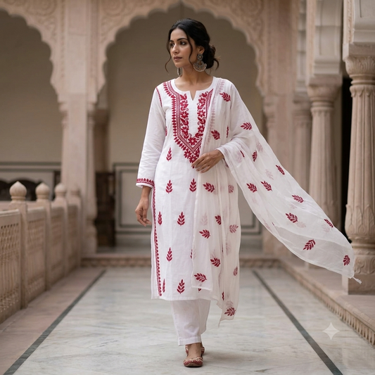 White & Pink Soft Cotton Chikankari Kurt