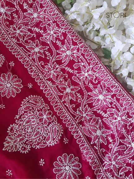 Wine Sanah Handcrafted Lucknowi Chikankari Saree