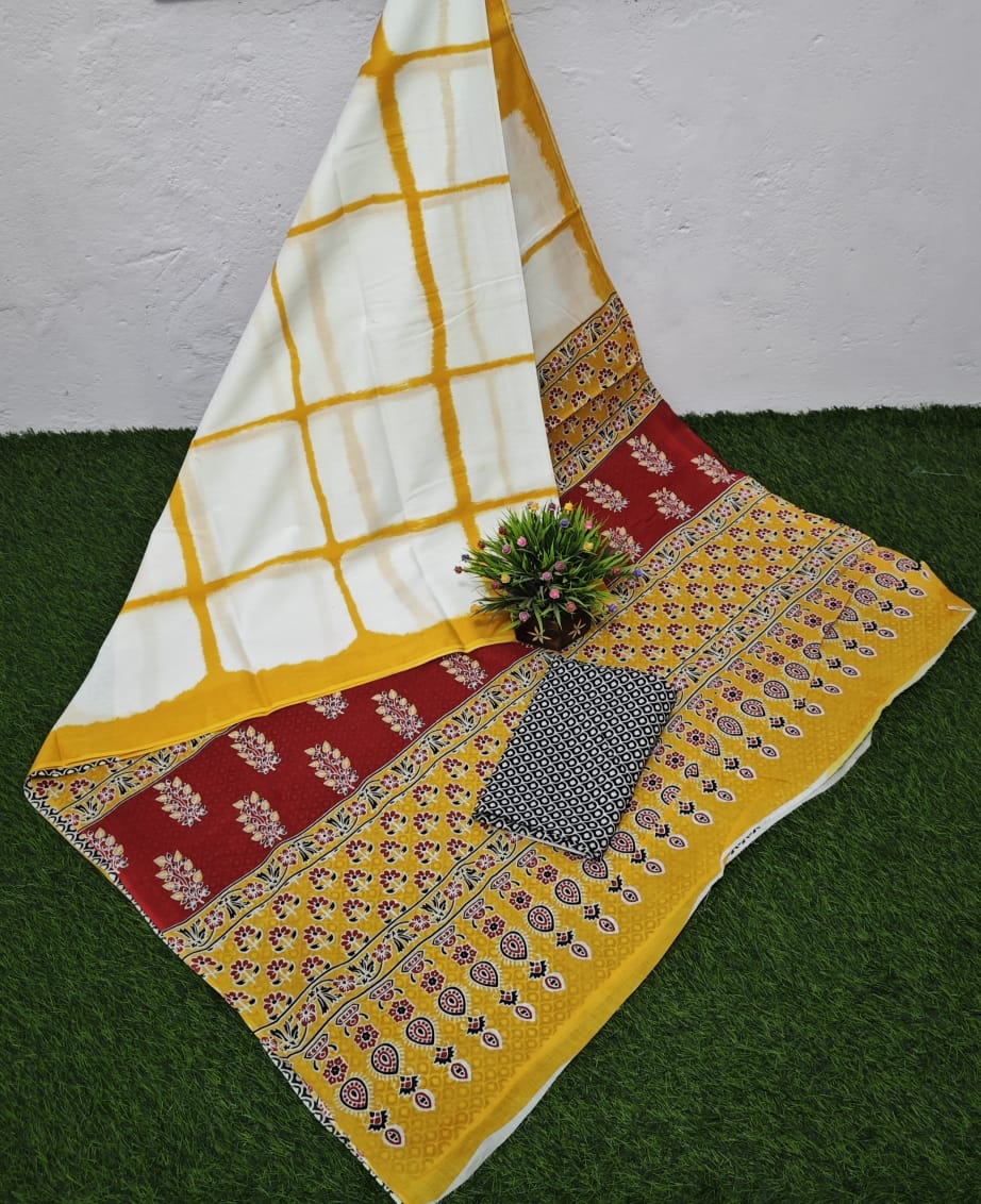 Yellow Tie-n-Dye Checks Handloom Cotton Mulmul Saree