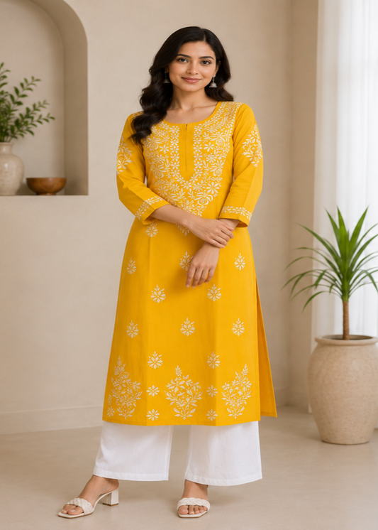 Zaarah Mango Yellow Handcrafted Soft Modal Cotton Chikankari Kurti