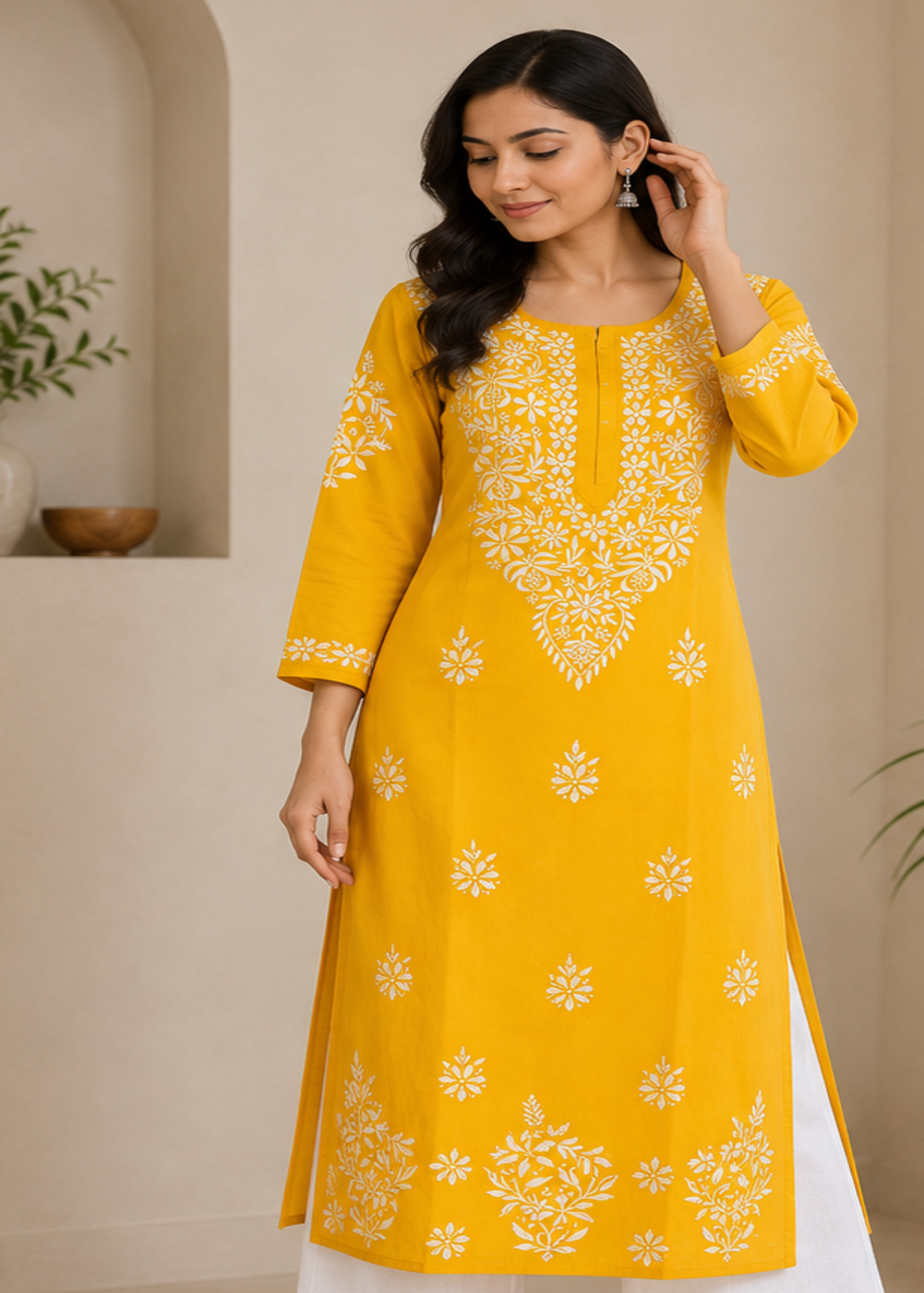 Zaarah Mango Yellow Handcrafted Soft Modal Cotton Chikankari Kurti