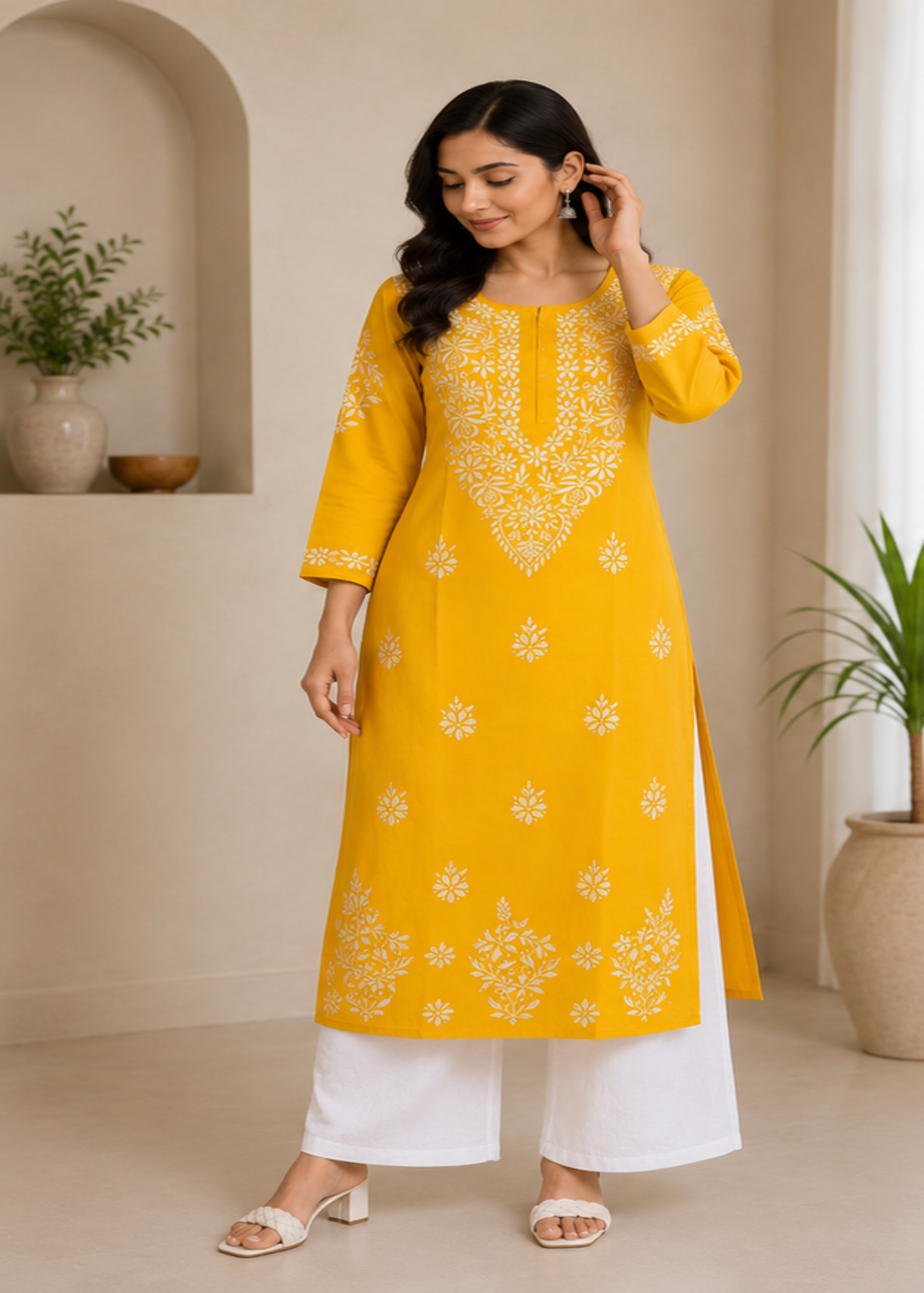 Zaarah Mango Yellow Handcrafted Soft Modal Cotton Chikankari Kurti