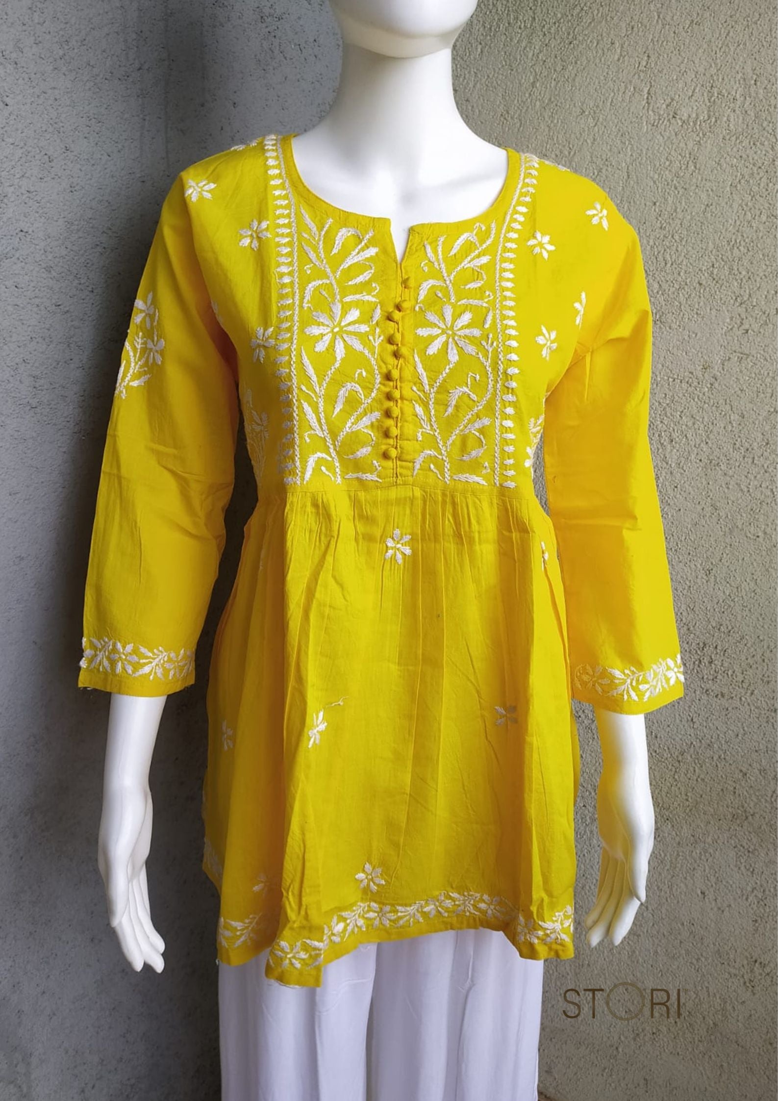 Sunshine Yellow Flared Cotton Short Chikankari Kurti
