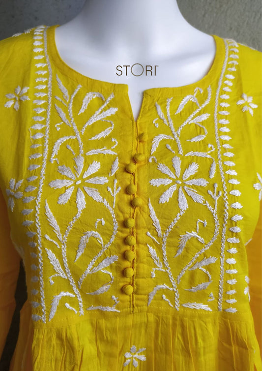 Sunshine Yellow Flared Cotton Short Chikankari Kurti