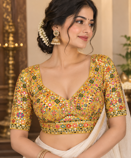 Yellow Pakhi Heavy Embroidered Multicolor Silk Blouse