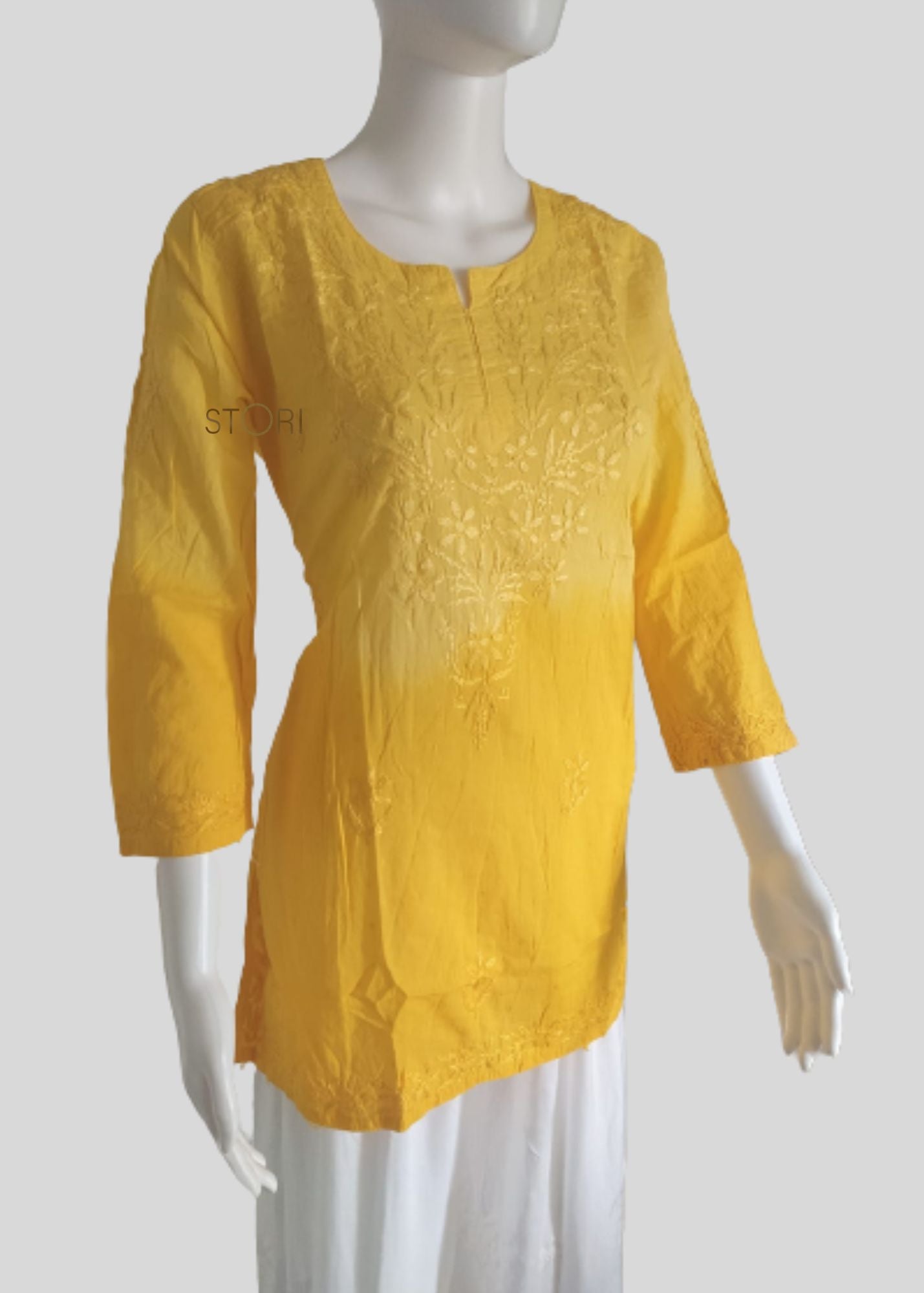 Rihaana Yellow Dobby Cotton Ombre Shaded Short Chikankari Kurti