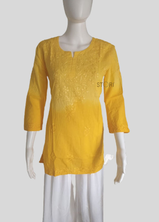 Rihaana Yellow Dobby Cotton Ombre Shaded Short Chikankari Kurti