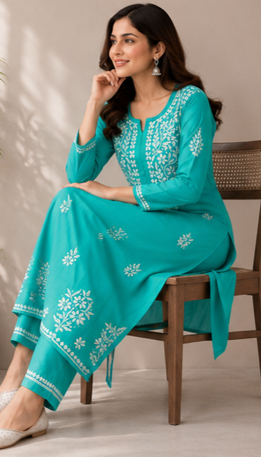 Zaarah Mint Green Handcrafted Soft Modal Cotton Chikankari Kurti