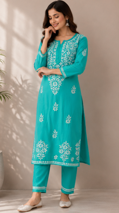 Zaarah Mint Green Handcrafted Soft Modal Cotton Chikankari Kurti