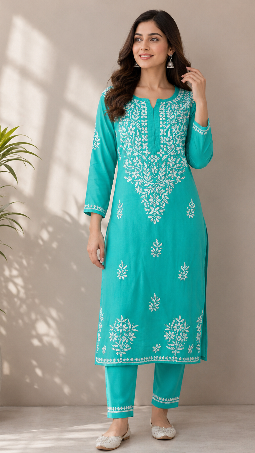 Zaarah Mint Green Handcrafted Soft Modal Cotton Chikankari Kurti