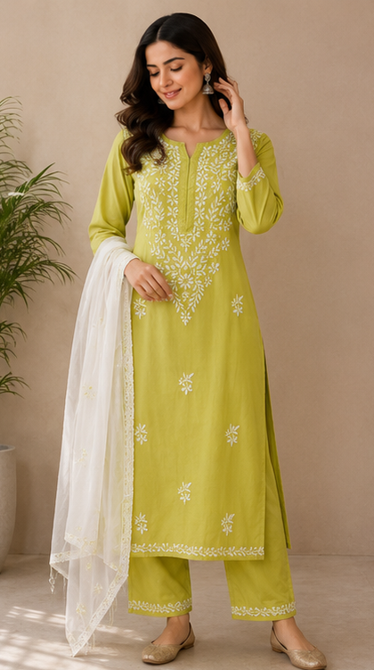 Zaarah Parrot Green Handcrafted Soft Modal Cotton Chikankari Kurti