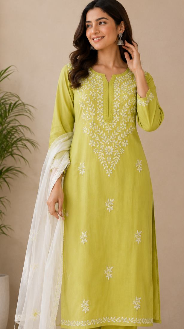 Zaarah Parrot Green Handcrafted Soft Modal Cotton Chikankari Kurti