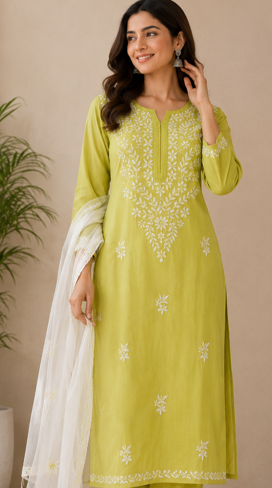 Zaarah Parrot Green Handcrafted Soft Modal Cotton Chikankari Kurti