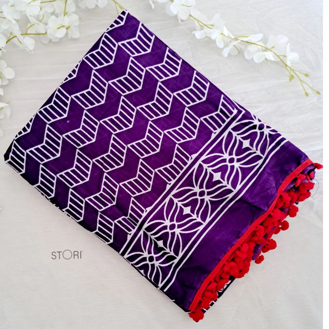 Purple Block Printed Handloom Cotton Mulmul Saree