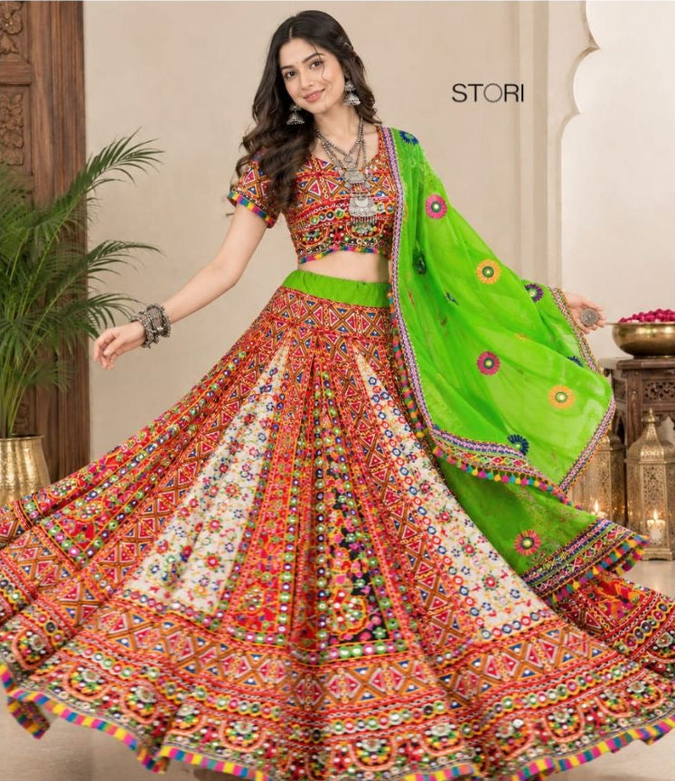 STORI Parrot Green Heavy embroidery Kali pattern Lehenga Choli Set