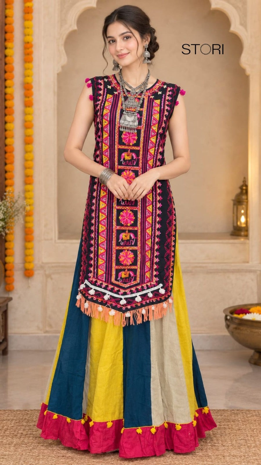  STORI Navratri Dark green kurta with flared skirt