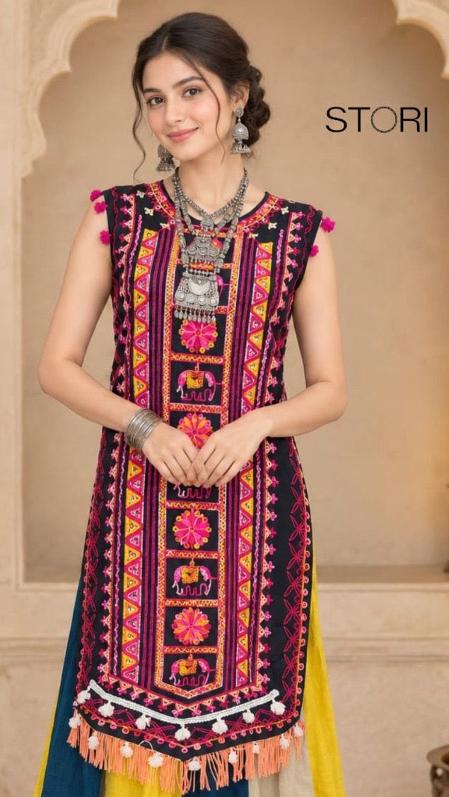 Navratri Dark green kurta with flared skirt