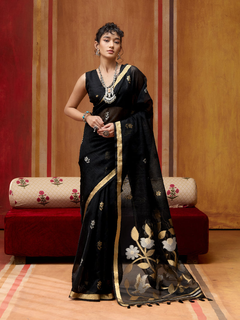 STORI Black Munga Silk Saree
