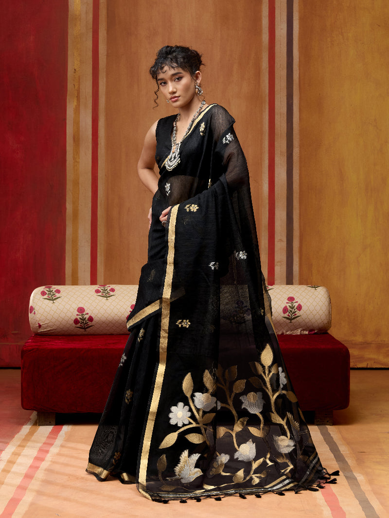STORI Black Munga Silk Saree