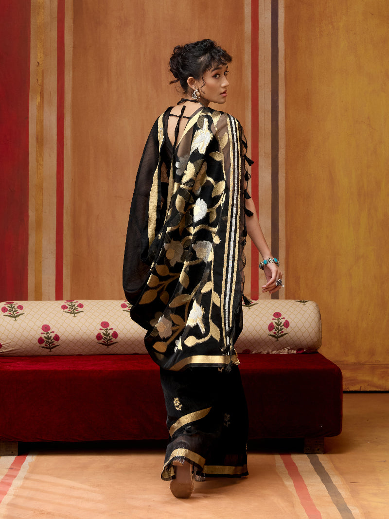 STORI Black Munga Silk Saree