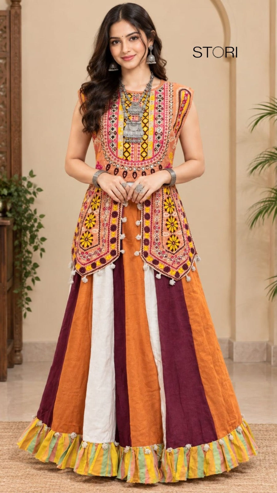  STORI Navratri Orange kurta with flared skirt