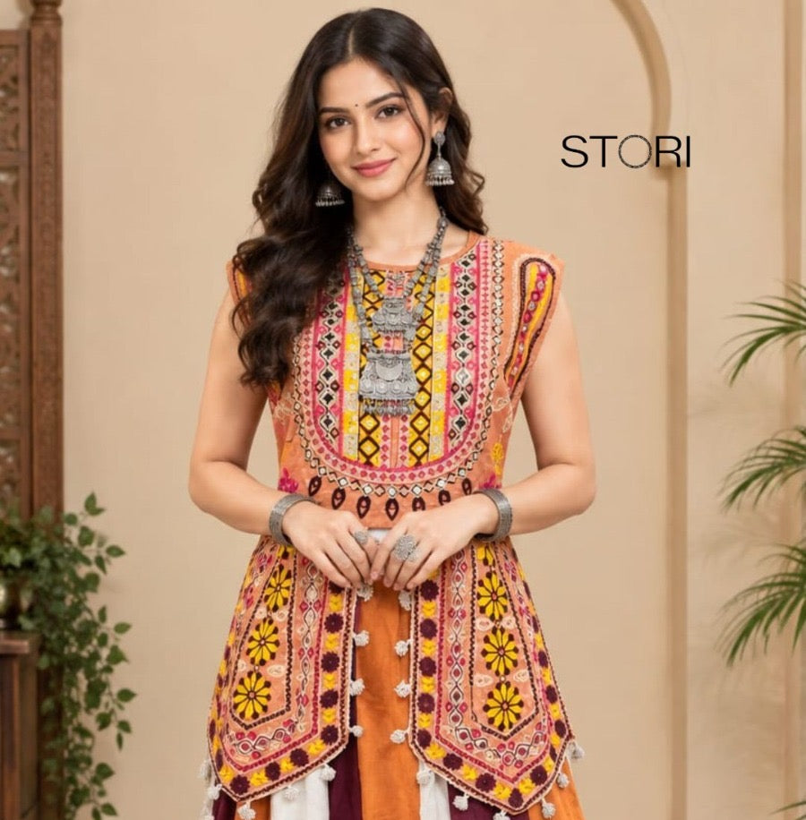 Navratri Orange kurta with flared skirt