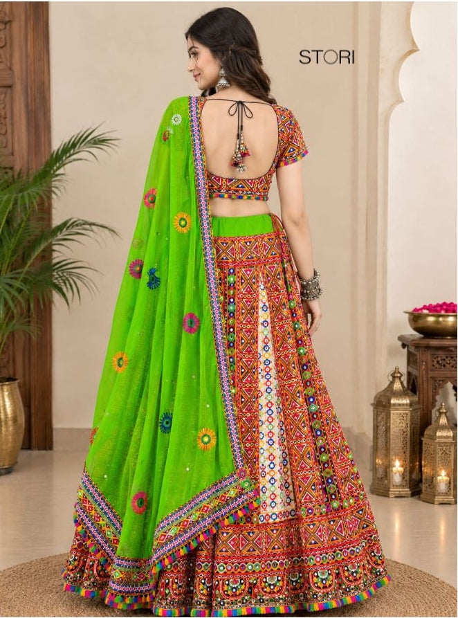 STORI Parrot Green Heavy embroidery Kali pattern Lehenga Choli Set
