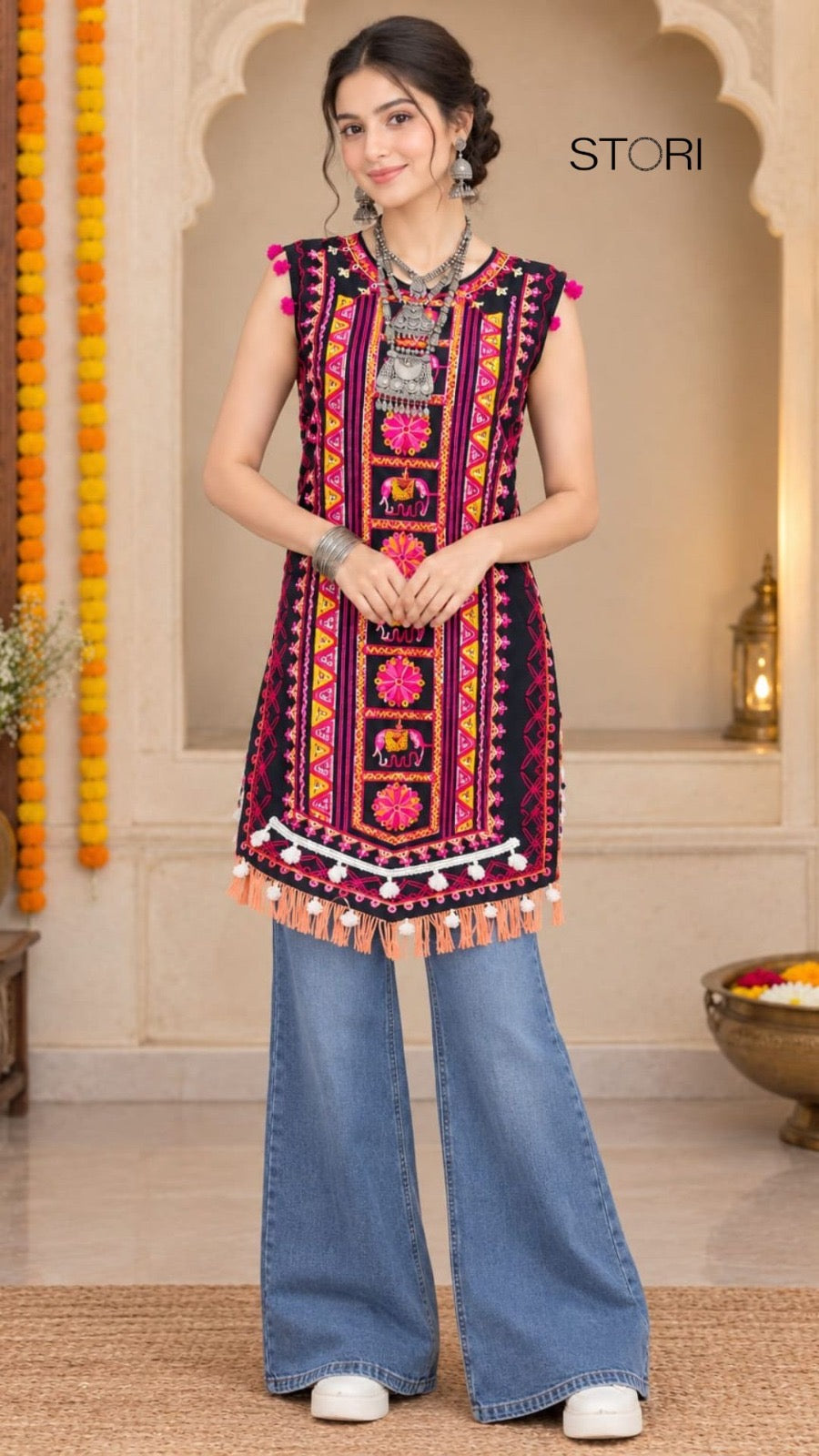 Navratri Dark green kurta with flared skirt