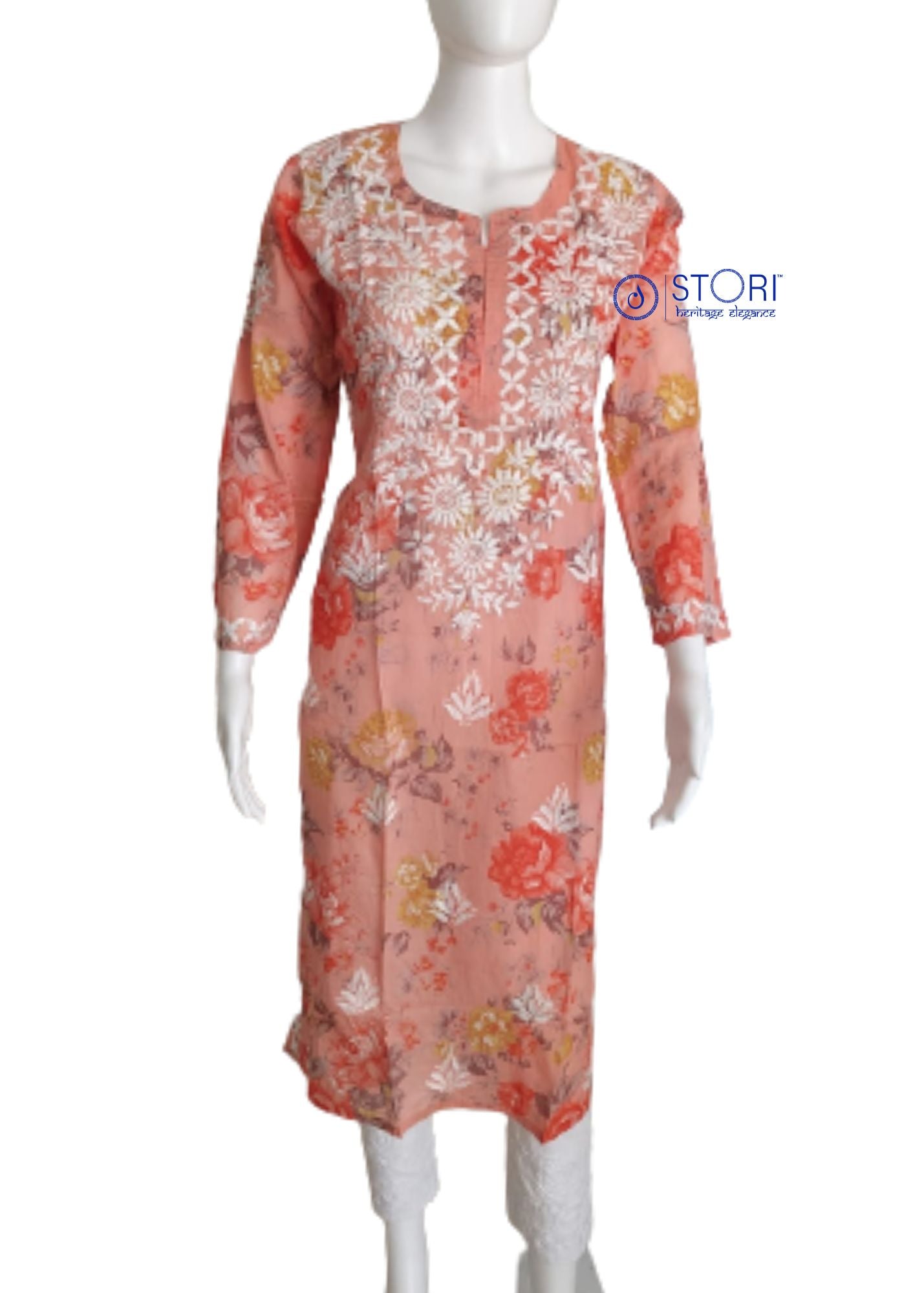 Floral Peach Cotton Mulmul Chikankari Kurti
