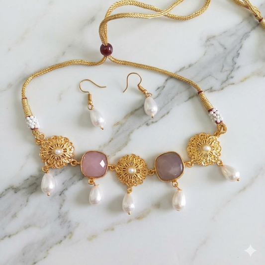 Kiyara Raw Stone  Statement Necklace Set With Dangling Earrings