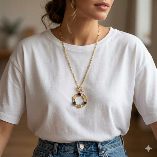Round Raw Stone Long Statement Necklace Set