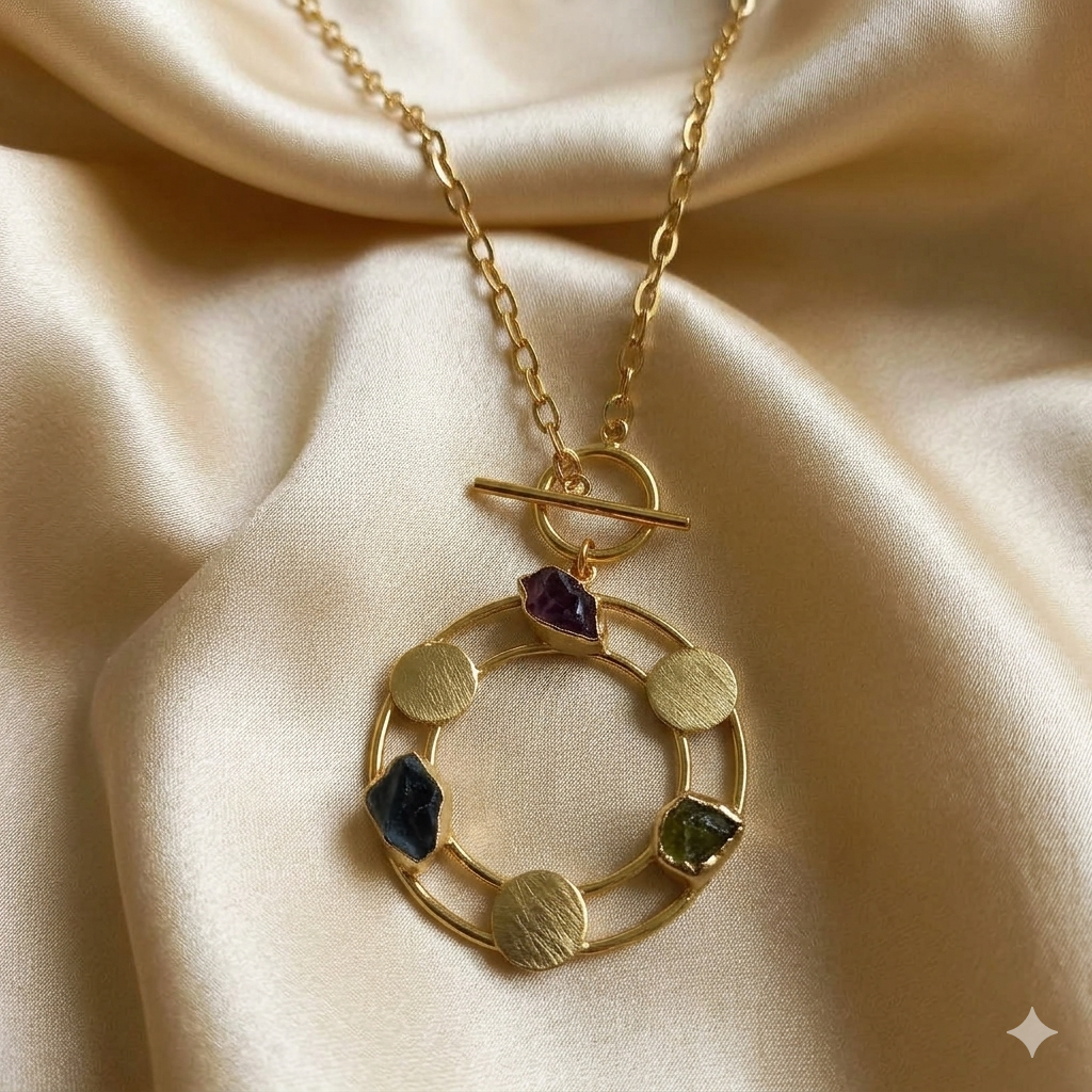 Round Raw Stone Long Statement Necklace Set